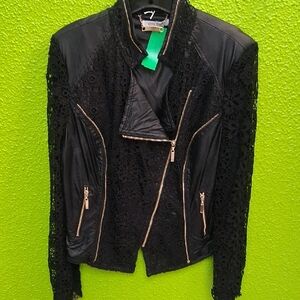 TOVE Black Leather Jacket with Lace and Gold Zippers